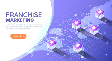 Poster - Isometric Web Banner Franchise Store on World Map Around The World