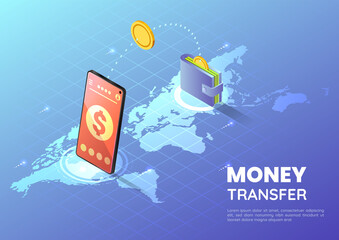 Poster - Isometric Web Banner Smartphone Transferring Money Over World Map