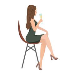 woman in a green dress with long hair is sitting on a chair, holding a glass of wine and laughing. Woman sit side view, in profile. Vector flat illustration