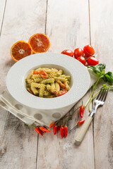 Canvas Print - pasta fusilli with basil pesto and orange grated peel