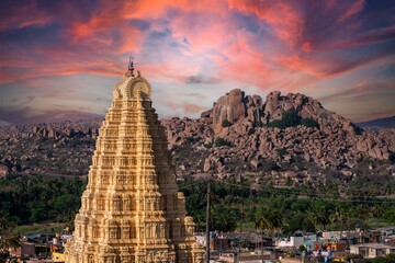 Wall Mural - Stunning view at Sree Virupaksha Temple in Hampi on the banks of Tungabhadra River, UNESCO World Heritage Site, Karnataka, India. Indian tourism