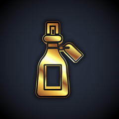 Sticker - Gold Essential oil bottle icon isolated on black background. Organic aromatherapy essence. Skin care serum glass drop package. Vector.