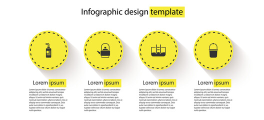 Sticker - Set Cream or lotion cosmetic tube, Kettle with handle, Swimming pool ladder and Sauna bucket. Business infographic template. Vector.