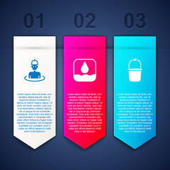 Sticker - Set Man in the sauna, Water drop and Sauna bucket. Business infographic template. Vector.