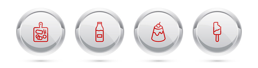 Sticker - Set line Cutting board, Bottle with milk, Pudding custard and Ice cream. Silver circle button. Vector.