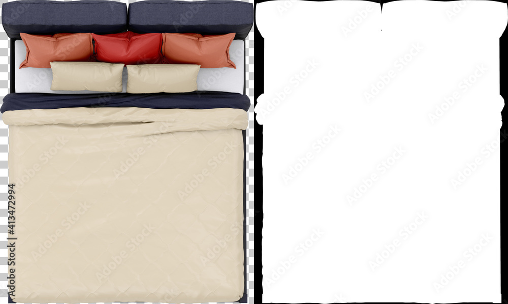 Bed top view isolated on background with mask. 3d rendering ...