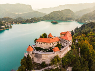 Wall Mural - Aerial view of Lake Bled and the castle of Bled, Slovenia, Europe. Aerial drone photography.