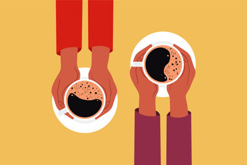 Two hands holding coffee cup. Vector illustration in flat style.