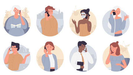 Wall Mural - People talk on phone illustration set. Cartoon flat man woman characters talking with family, friends or business partner, cellphone conversation or mobile dialogue collection background