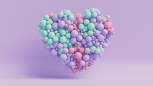 Multicolored Balloon Love Heart. Pink, Violet And Turquoise Balloons Arranged In A Heart Shape. 3D Render 