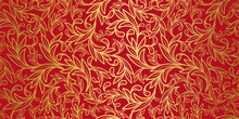 Red And Gold Leaves Seamless Pattern. Vintage Vector Ornament Template. Paisley Elements. Great For Fabric, Invitation, Background, Wallpaper, Decoration, Packaging Or Any Desired Idea.