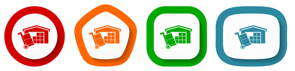 Poster - warehouse and shipping barrow, delivery, freight concept vector icon set, flat design buttons on whi