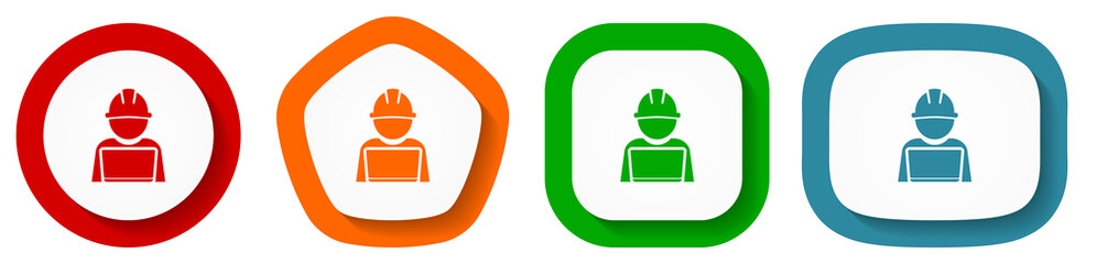 Aufkleber - Engineer with laptop, worker, manager vector icon set, flat design buttons on white background for webdesign and mobile applications
