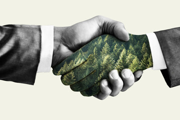 Green deal concept, handshake. Double exposure, hands with forest.