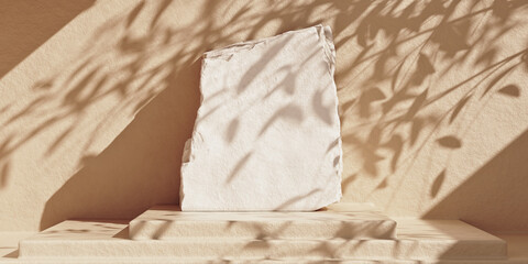 white stone plate product podium on beige concrete background with leaf shadows. minimal cosmetic pr