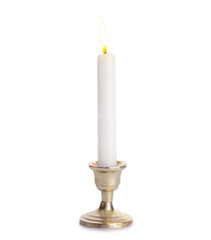 Wall Mural - Glowing wax candle on white background