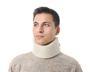 Wall Mural - Young man with cervical collar on neck against white background