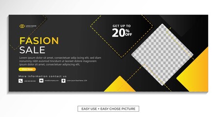 Wall Mural - Editable fashion sale banner web template with yellow black background. Minimal, modern vector illustration