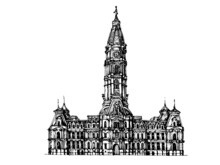 Philadelphia City Hall Sketchy Hand Drawn Black And White Monochromic Illustration. Classic American Architecture .  Gothic Clock Tower. City Hall Front Elevation 