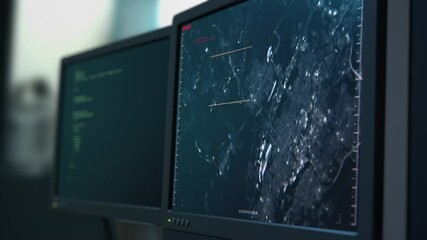 GPS location scanning or tracking by phone SIM card signal. Secret spy security program interface screen or display. Moving target indicator. Satellite, drone map view. 3D Render concept 4K animation