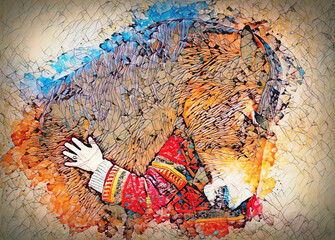 Fototapete - Loving horse and a girl, girl hugging a horse. Portrait woman and horse and softly blurred watercolor background.