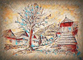 Poster - vintage mountain oldtime willage with wooden houses and belfry, pencil drawing on papier.