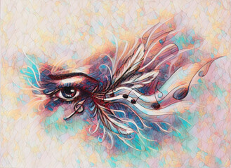 Aufkleber - drawing of female eye with note and feathers.