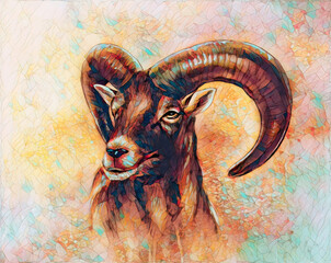 Poster - Drawing of male wild sheep with mighty horns on abstract blurry background.
