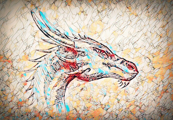 Aufkleber - drawing of dragon head on paper. Profile portrait.