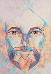 Poster - pencils drawing of Jesus in geometrical shapes, on paper, eye contact.