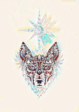 Ornamental Painting Of Wolf, Sacred Animal And Ornamental Star With Feathers.
