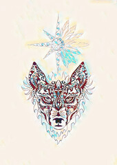 Poster - ornamental painting of wolf, sacred animal and ornamental star with feathers.