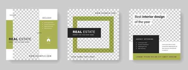 Wall Mural - real estate editable social media layouts with green accent, simple and minimal graphic design for digital marketing, business purpose templates