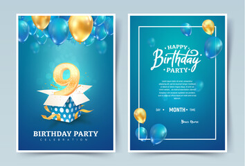 Wall Mural - 9th years birthday vector invitation double card. Nine years anniversary celebration brochure. Template of invitational for print on blue background