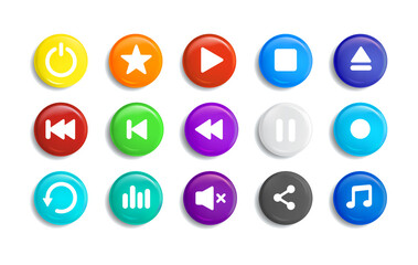 set of colorful transparent buttons with glass frames music player isolated on grey background