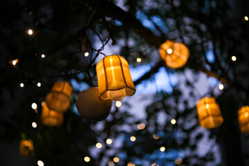 Colorful lampions and lanterns up a tree at night in the garden. A wedding, event or festival banquet decoration at night. Garlands of lamps on a tree branches. Row of paper lampions.