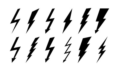 Poster - Set of thunderbolt and lightning icons. Vector simple icons in flat style. Lightning silhouettes isolated on white background.