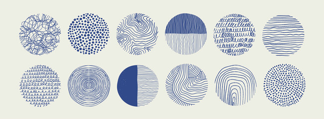 Big Set of round Abstract blue Backgrounds or Patterns. Hand drawn doodle shapes. Spots, drops, curves, Lines. Contemporary modern trendy Vector illustration. Poster, Social media Icons template