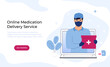 Online Medication Delivery service. Pharmacy concept. A courier in a protective mask holds a box of medicines. Web page template.