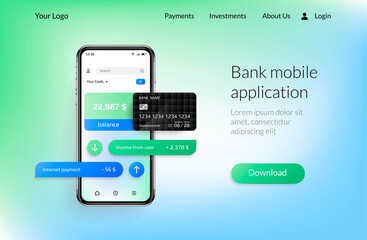 Aufkleber - Banking app landing page. Mobile payment and financial account, smartphone UI mockup for online bank application. Vector realistic website interface design with copy space and button for download