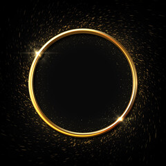 Poster - Golden ring background. Circle award frame with sparkle light effects, shiny metal shape design. Top view of gold jewelry. Glittering round framework. Vector festive banner template with copy space