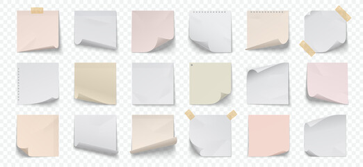 Aufkleber - Paper note. Realistic pinned notepad pages for writing memos. Reminders glued on adhesive tapes. Blank sheets with folded edges and copy space. Vector isolated stickers set on transparent background