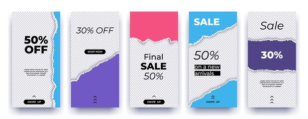 Poster - Social editable media banners. Story sale swipe up template. Vertical promotional poster packs for networks. Square discount flyers. Vector overlay of torn colored and blank sheets set with copy space