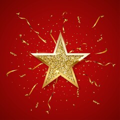 Wall Mural - gold glitter star with golden frame on red background with confetti and serpentine. christmas orname