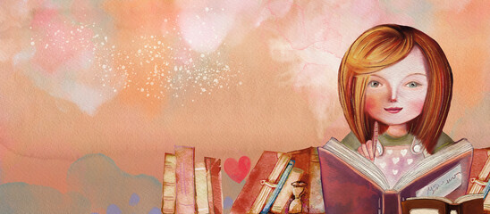 Girl reading book. Watercolor education background