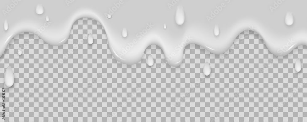 Realistic milk yogurt flows down on light background. White liquid with dribble. Soft texture of a dairy product for your graphic design. Ice cream melts. Vector illustration. - obrazy, fototapety, plakaty 