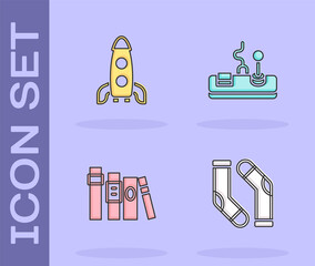 Poster - Set Socks, Rocket ship, Book and Gamepad icon. Vector.