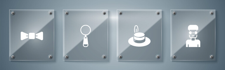 Poster - Set Nerd geek, Man hat, Magnifying glass and Bow tie. Square glass panels. Vector.