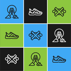 Sticker - Set line Meditation, No junk food and Sport sneakers icon. Vector.