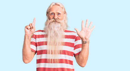 Wall Mural - Old senior man with grey hair and long beard wearing striped tshirt showing and pointing up with fingers number six while smiling confident and happy.